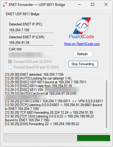 ENET Forwarder window: car found, forwarding started, port 22 forwarded